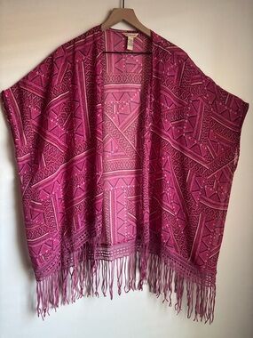 Bit & Bridle Pink Tribal Print Kimono Fringe Hem Open Front Boho Resort OS